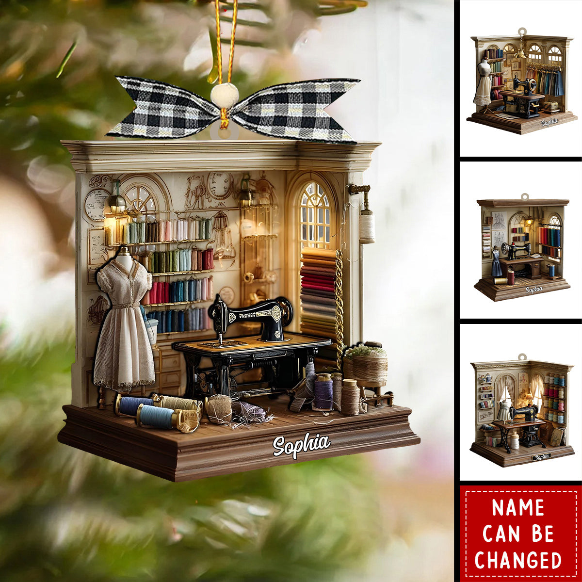 Personalized Miniature Sewing Room 3D Effect Acrylic Ornament With Name – Christmas Decor Birthday Gift For Grandma Crafters & Mom