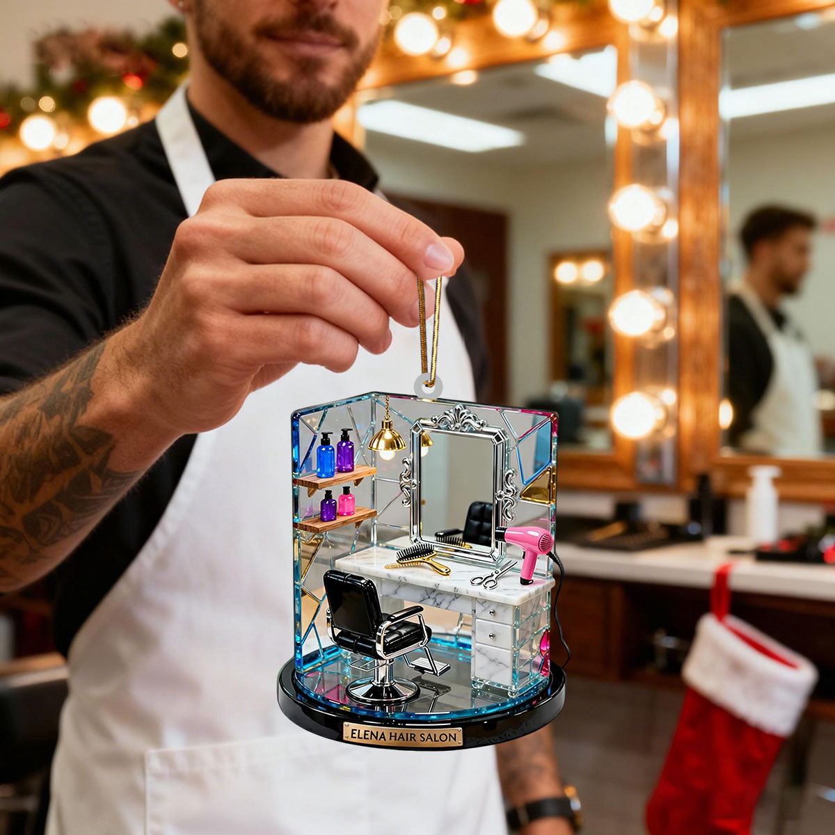 Personalized Miniature Hair Salon Booth 3D Effect Ornament With Name – Christmas Decor Birthday Gift For Barber & Stylist