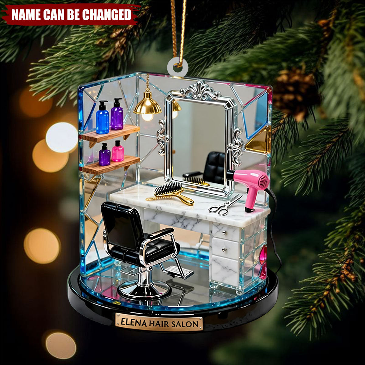 Personalized Miniature Hair Salon Booth 3D Effect Ornament With Name – Christmas Decor Birthday Gift For Barber & Stylist