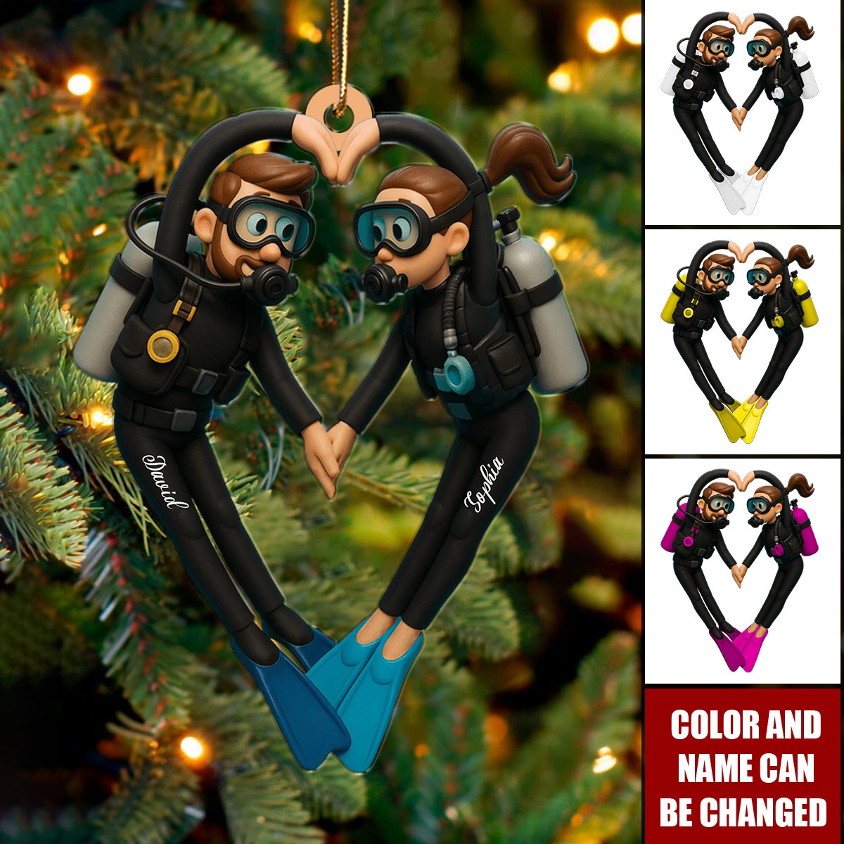 Personalized Scuba Diving Couple Christmas Ornament With Names & Color | Unique Ocean Theme Gift For Dive Buddy & Couples