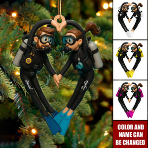 Personalized Scuba Diving Couple Christmas Ornament With Names & Color | Unique Ocean Theme Gift For Dive Buddy & Couples
