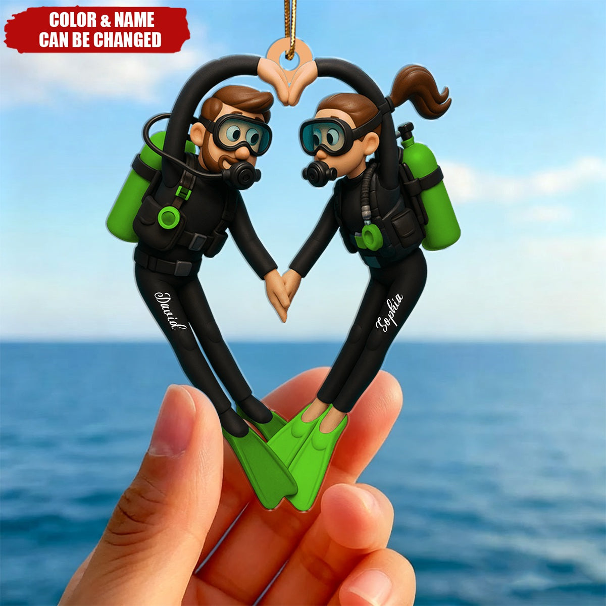 Personalized Scuba Diving Couple Christmas Ornament With Names & Color | Unique Ocean Theme Gift For Dive Buddy & Couples