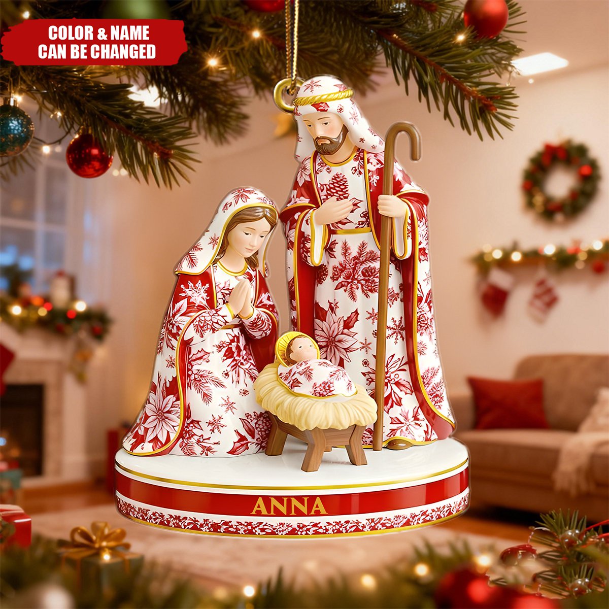 Personalized Toile De Jouy Nativity Christmas Ornament With Family Name & Color | Elegant Religious Gift For Believers Family