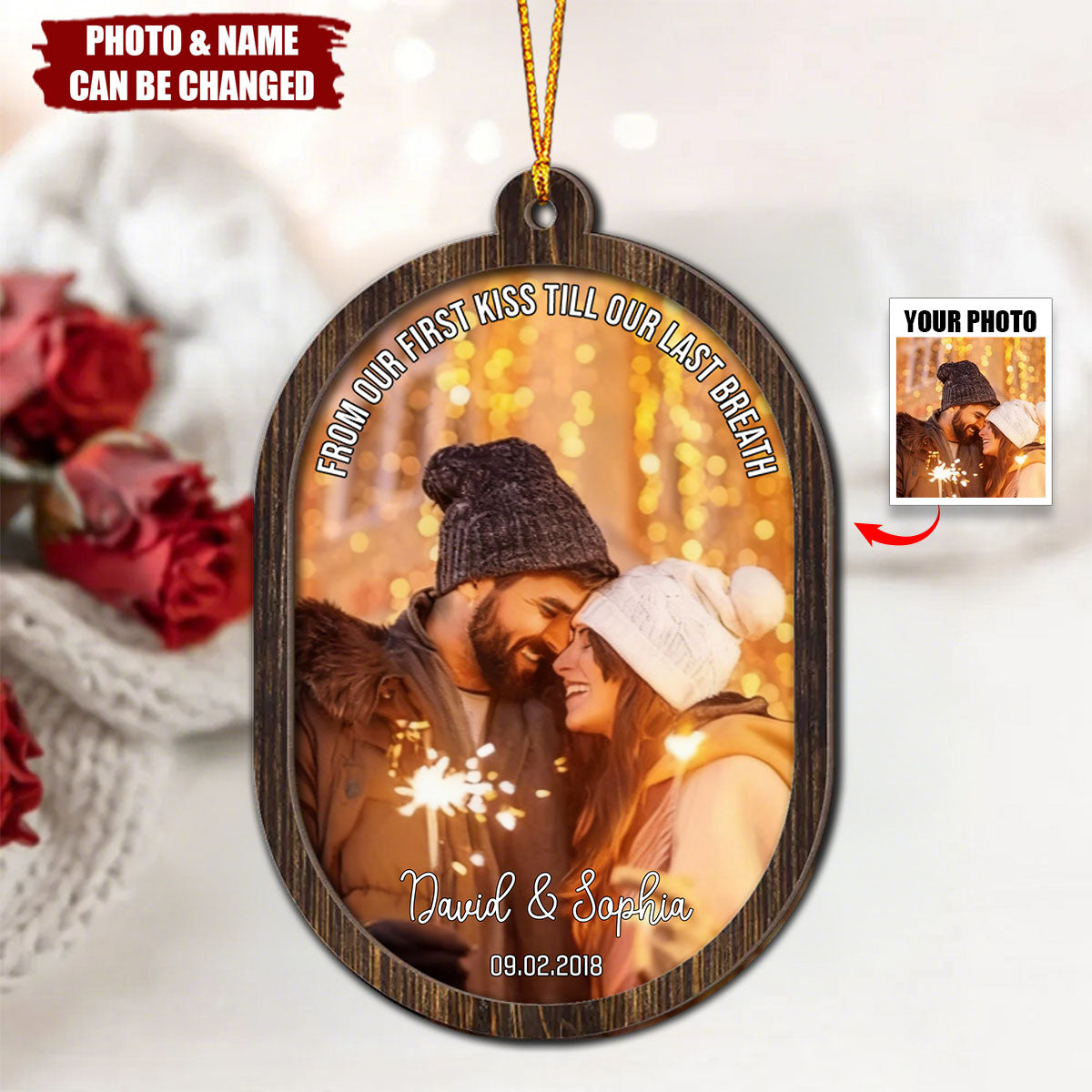 Personalized 2-Layered Wooden Photo Frame Ornament With Names & Photo - Christmas Decor | Keepsake Gift For Couples & Anniversary