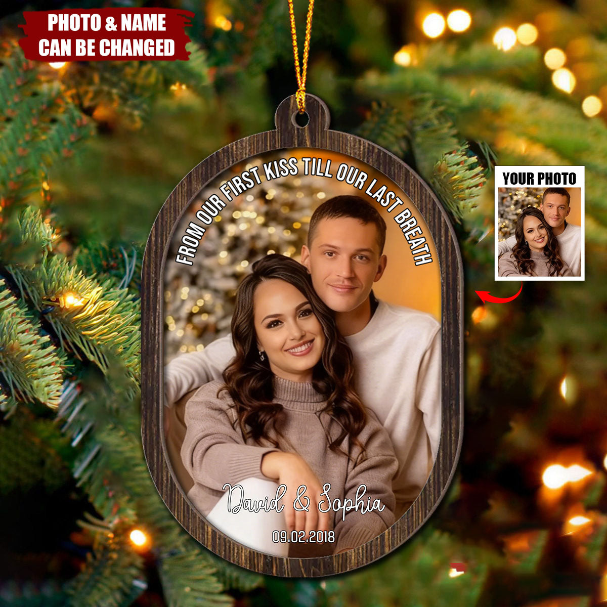 Personalized 2-Layered Wooden Photo Frame Ornament With Names & Photo - Christmas Decor | Keepsake Gift For Couples & Anniversary