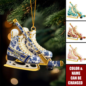 Personalized Floral Ice Skates & Hockey Stick 3D Effect Ornament With Name - Christmas Decor Birthday Gift For Hockey Players