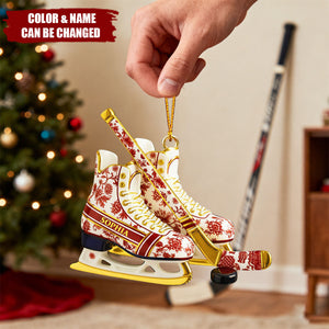 Personalized Floral Ice Skates & Hockey Stick 3D Effect Ornament With Name - Christmas Decor Birthday Gift For Hockey Players