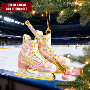 Personalized Floral Ice Skates & Hockey Stick 3D Effect Ornament With Name - Christmas Decor Birthday Gift For Hockey Players