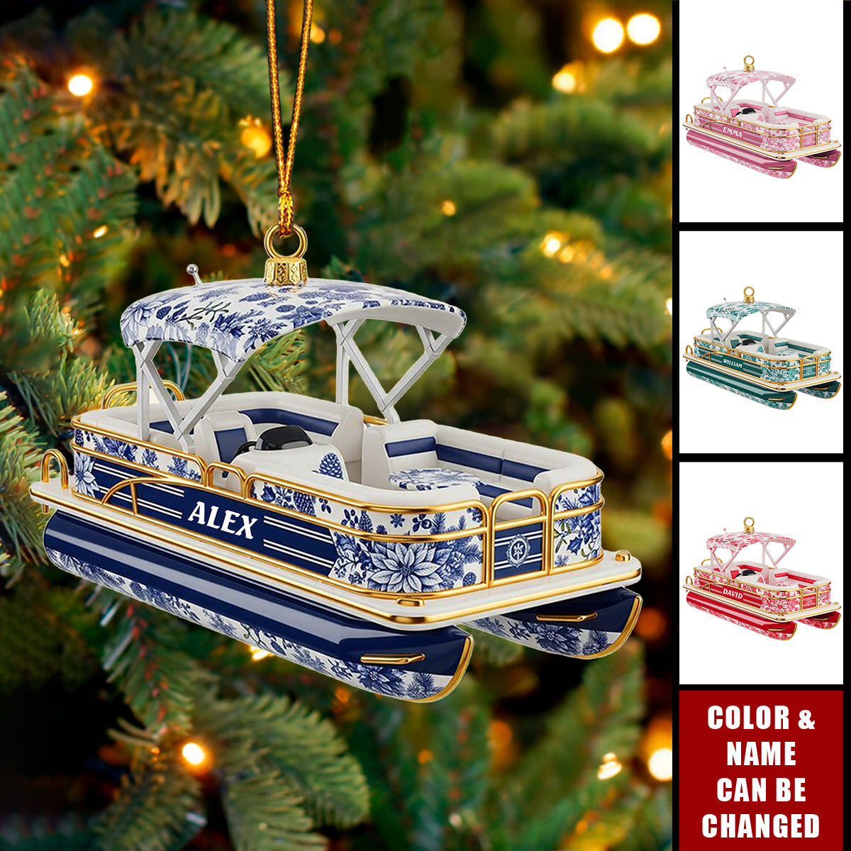 Personalized Toile De Jouy Pontoon Boat 3D Effect Acrylic Ornament With Name - Christmas Decor Keepsake For Boat Lovers & Captains
