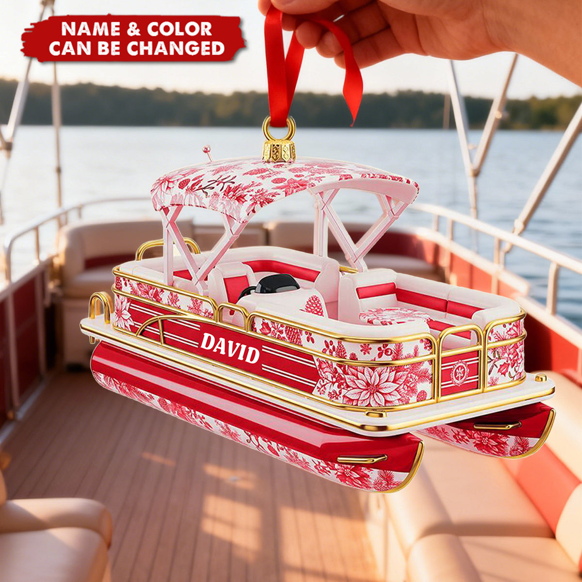 Personalized Toile De Jouy Pontoon Boat 3D Effect Acrylic Ornament With Name - Christmas Decor Keepsake For Boat Lovers & Captains