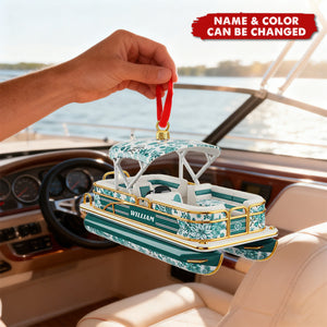 Personalized Toile De Jouy Pontoon Boat 3D Effect Acrylic Ornament With Name - Christmas Decor Keepsake For Boat Lovers & Captains