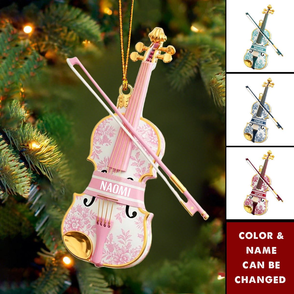 Personalized Toile De Jouy Violin 3D Effect Acrylic Ornament With Name - Xmas Decor | Birthday For Musicians & Teachers