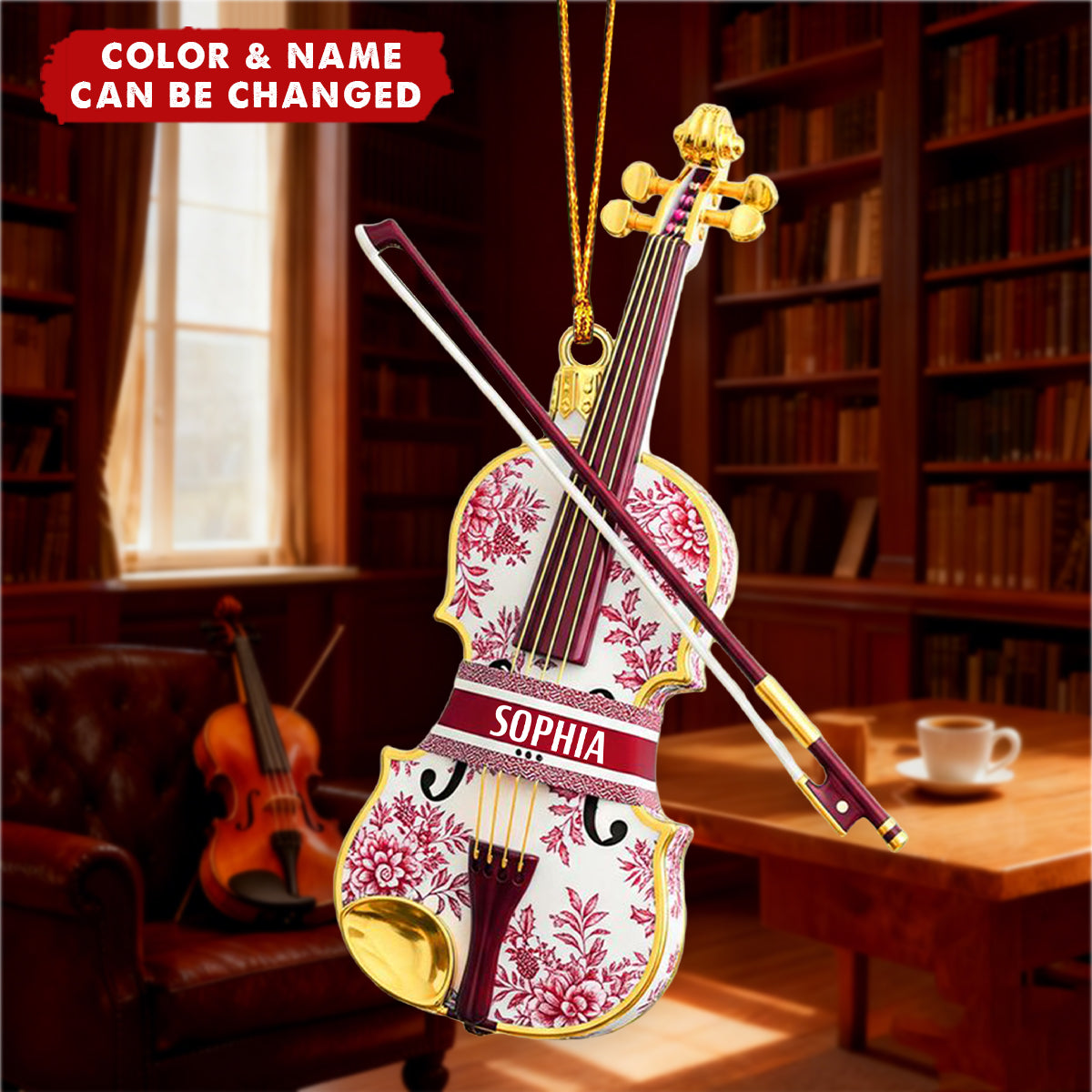 Personalized Toile De Jouy Violin 3D Effect Acrylic Ornament With Name - Xmas Decor | Birthday For Musicians & Teachers