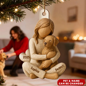 Personalized Girl & Her Dog Wooden Christmas Ornament With Pet Design & Name & Year | Xmas Or Birthday Gift For Dog Lover