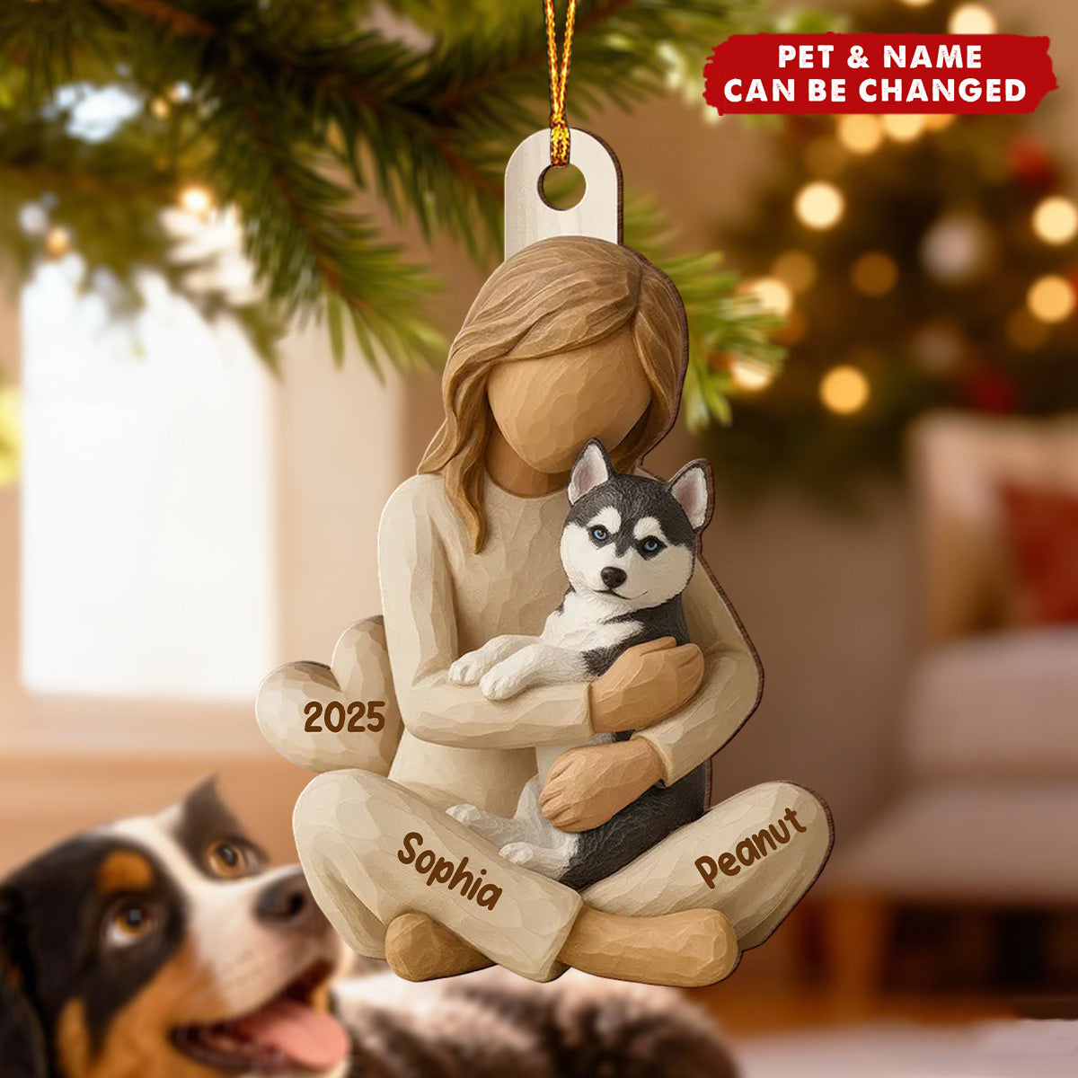 Personalized Girl & Her Dog Wooden Christmas Ornament With Pet Design & Name & Year | Xmas Or Birthday Gift For Dog Lover