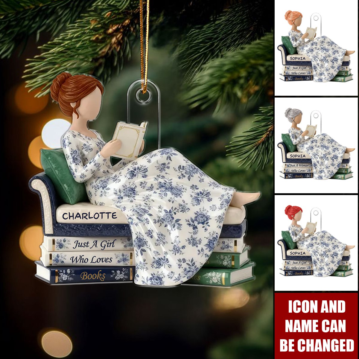 Personalized Toile De Jouy Girl Reading Books Acrylic Ornament With Name & Icon - Christmas Decor Birthday Gift For Book Lover