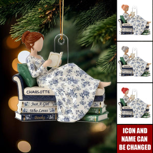 Personalized Toile De Jouy Girl Reading Books Acrylic Ornament With Name & Icon - Christmas Decor Birthday Gift For Book Lover