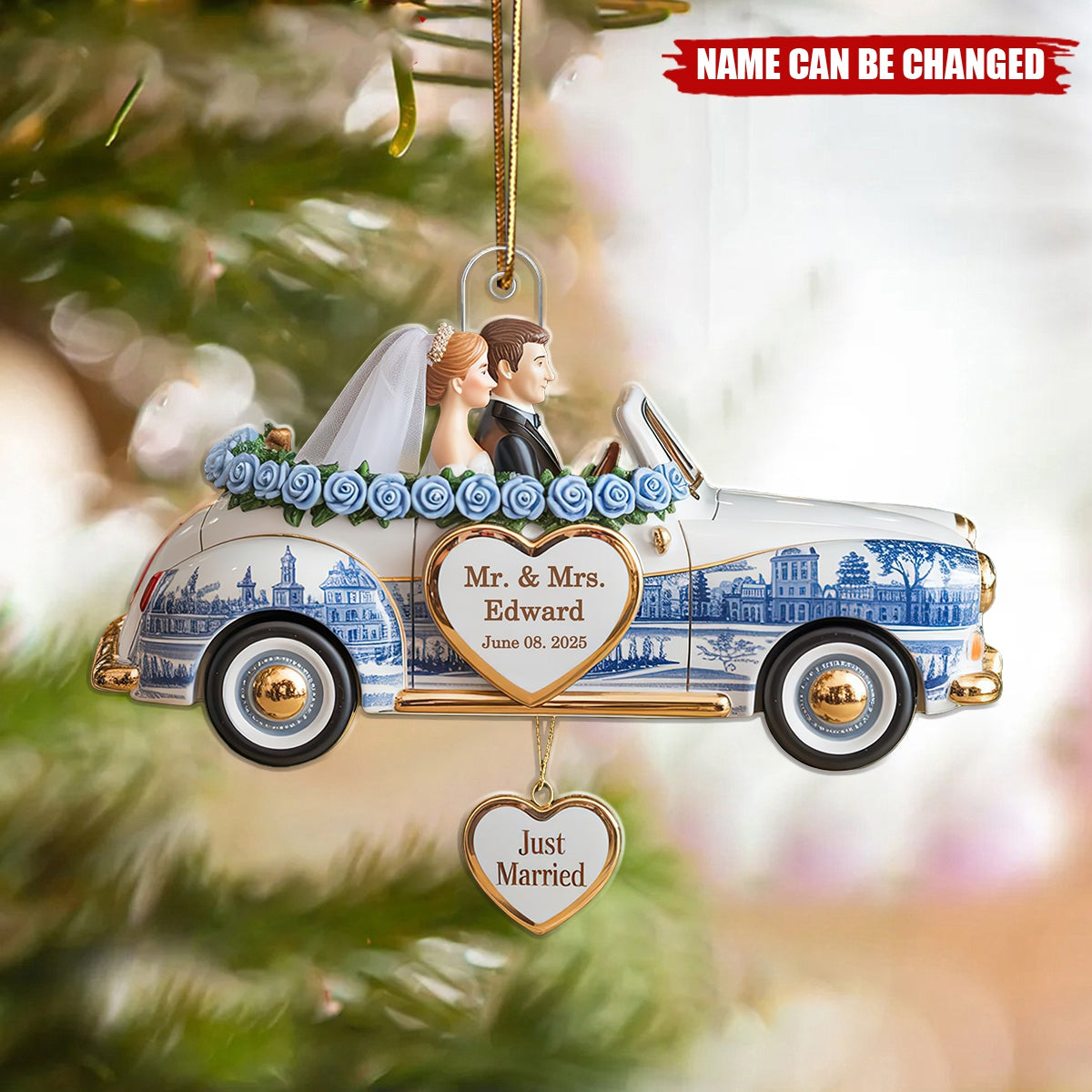 Personalized Mr and Mrs New Wedding Car Ornament With Names & Year | "Just Married" | First Christmas Gift For Newlywed Couple