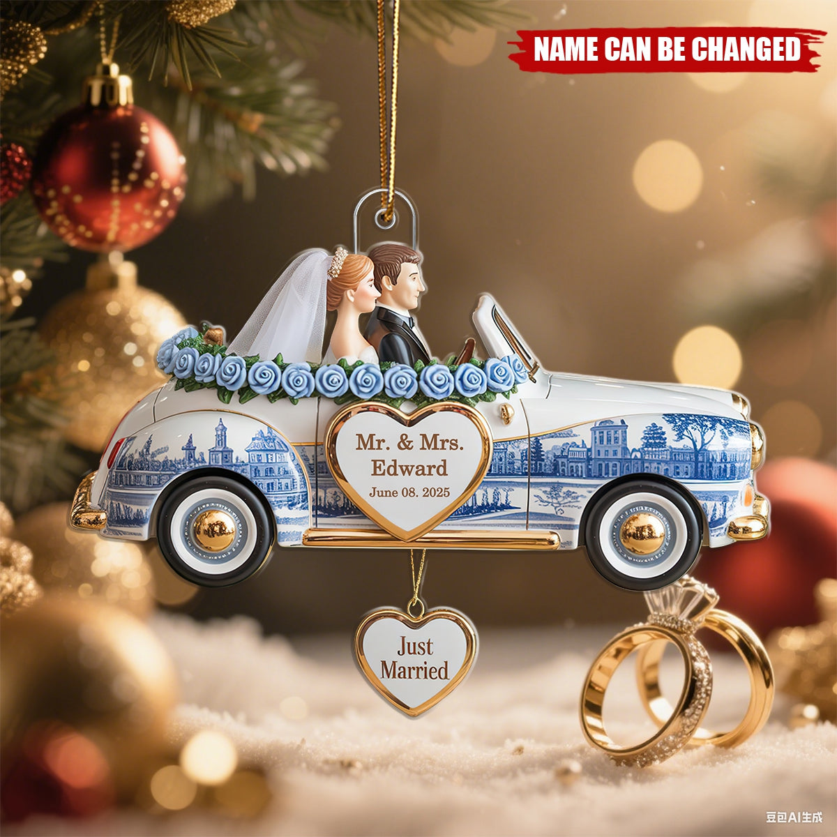 Personalized Mr and Mrs New Wedding Car Ornament With Names & Year | "Just Married" | First Christmas Gift For Newlywed Couple