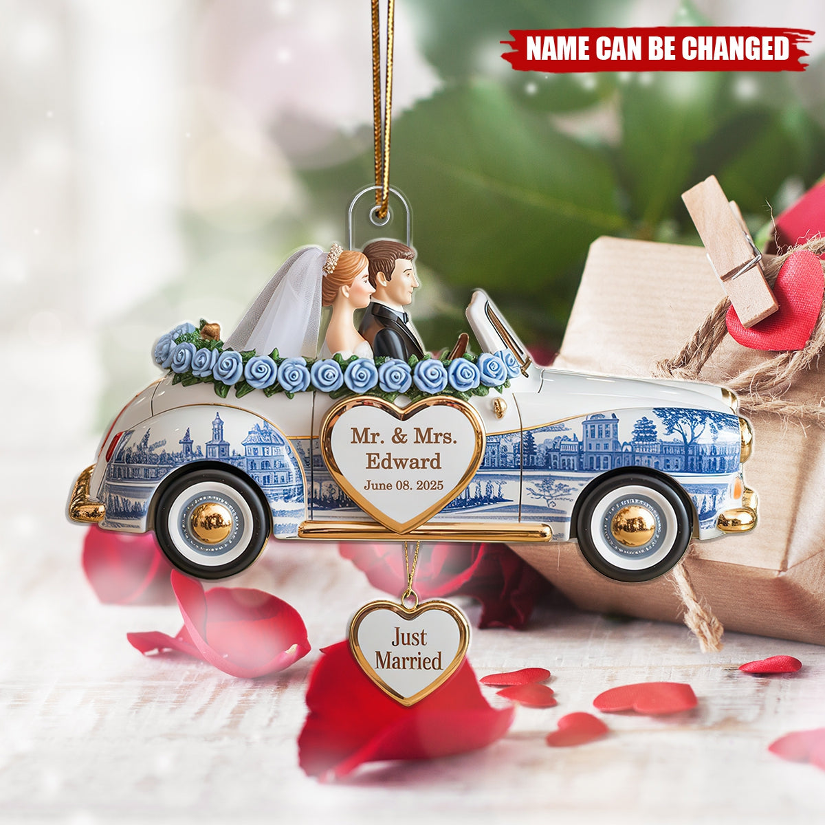 Personalized Mr and Mrs New Wedding Car Ornament With Names & Year | "Just Married" | First Christmas Gift For Newlywed Couple