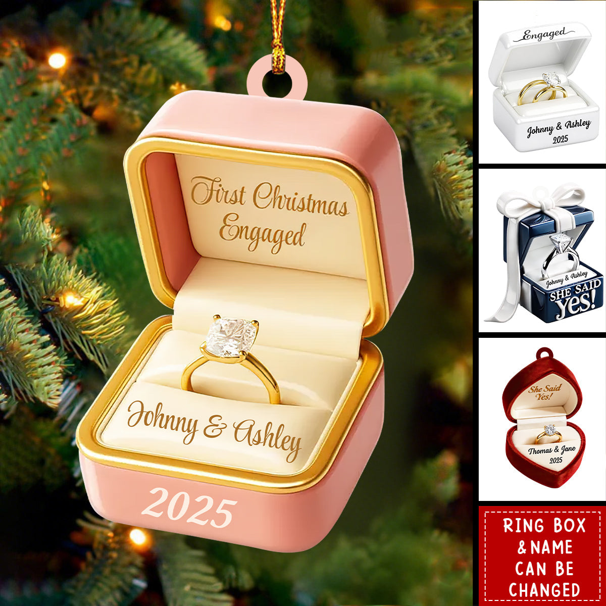 Personalized Engagement Ring Box Acrylic Ornament With Names & Year - First Christmas Gift For Engaged Couple