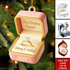 Personalized Engagement Ring Box Acrylic Ornament With Names & Year - First Christmas Gift For Engaged Couple