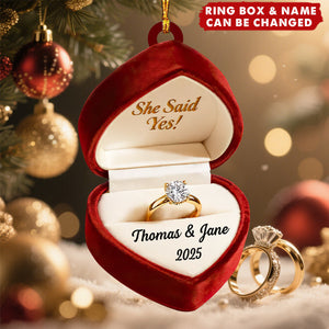 Personalized Engagement Ring Box Acrylic Ornament With Names & Year - First Christmas Gift For Engaged Couple