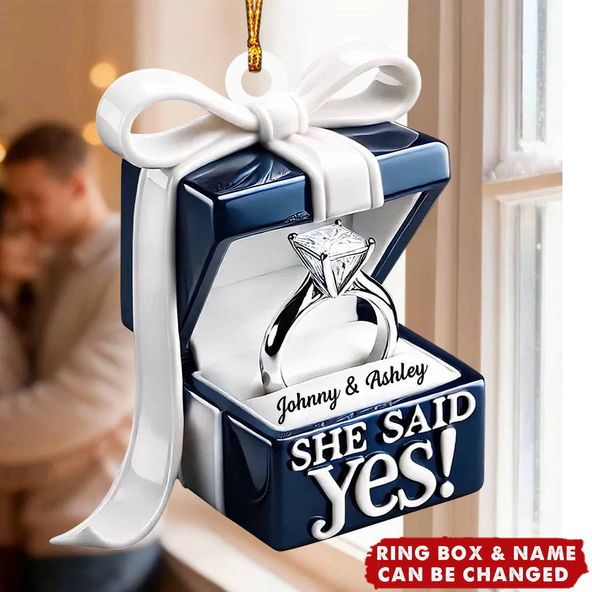 Personalized Engagement Ring Box Acrylic Ornament With Names & Year - First Christmas Gift For Engaged Couple