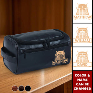 Personalized Leather Toiletry Bag With Name & Color |  Durable Travel Gift For Semi Truck Lovers Family