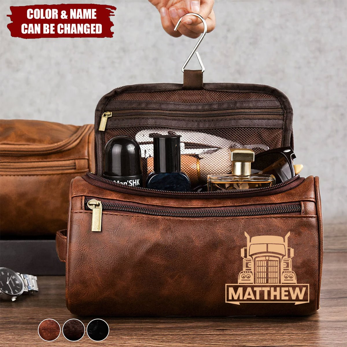 Personalized Leather Toiletry Bag With Name & Color |  Durable Travel Gift For Semi Truck Lovers Family