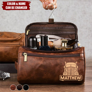 Personalized Leather Toiletry Bag With Name & Color |  Durable Travel Gift For Semi Truck Lovers Family