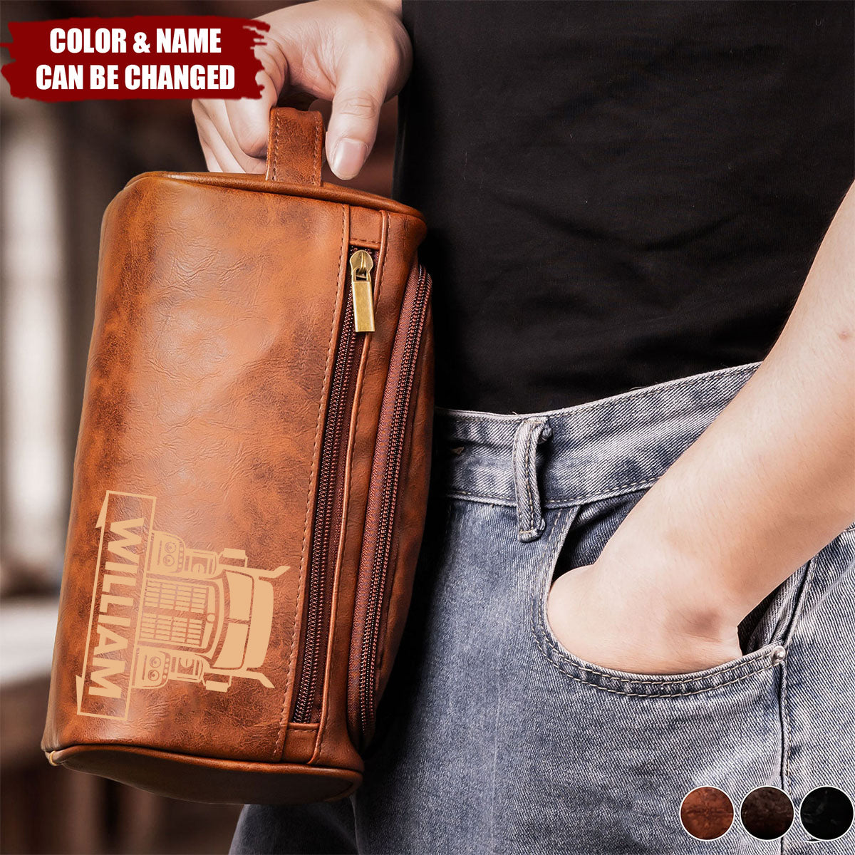 Personalized Leather Toiletry Bag With Name & Color |  Durable Travel Gift For Semi Truck Lovers Family