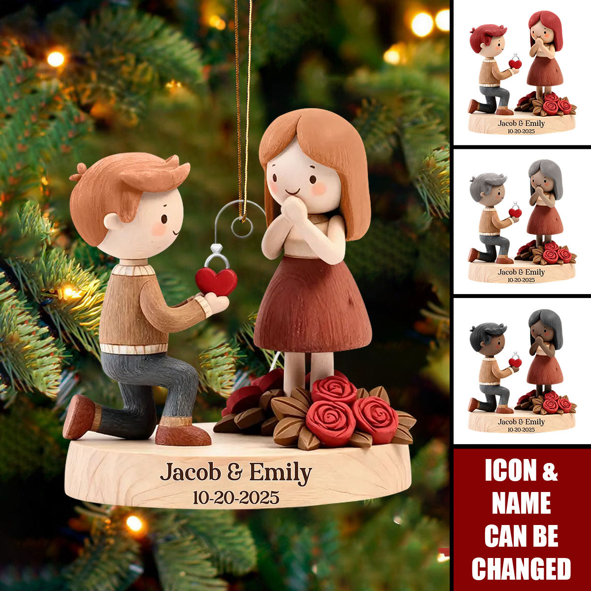 Personalized 2025 Engagement Proposal Ornament With  Names & Icons & Date |  3D Effect "She Said Yes" Keepsake | Unique Wedding Gift For Couple