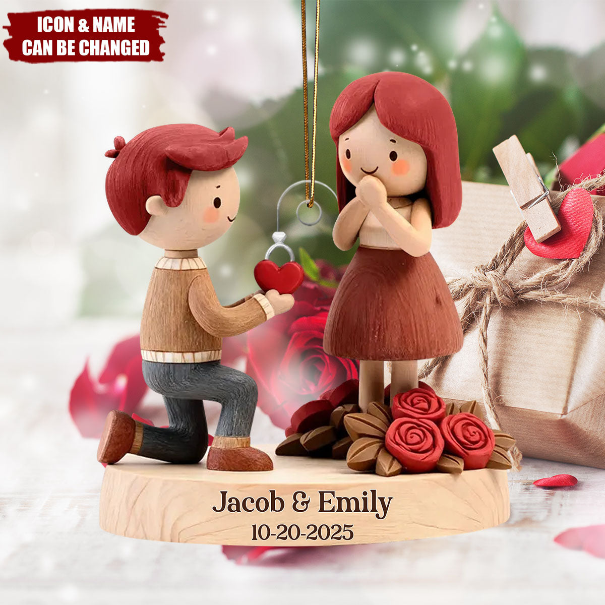 Personalized 2025 Engagement Proposal Ornament With  Names & Icons & Date |  3D Effect "She Said Yes" Keepsake | Unique Wedding Gift For Couple