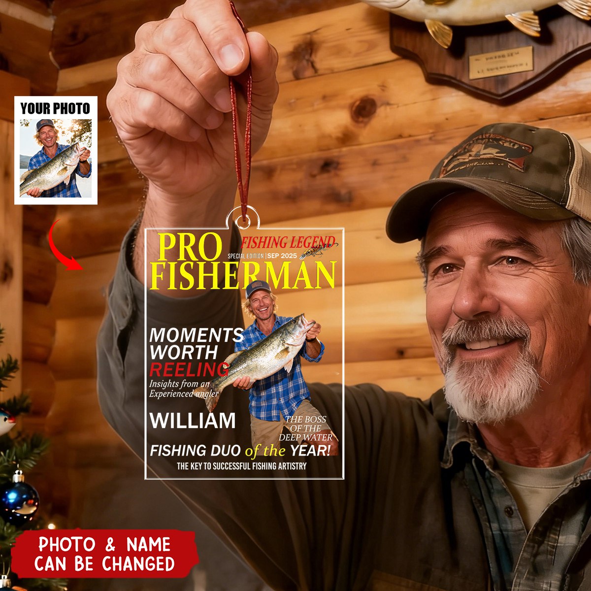Personalized "Fisherman of the Year" Acrylic Ornament With Name & Photo & Year & Quote | Ideal Father's Day Xmas Gift For Angler Dad Husband