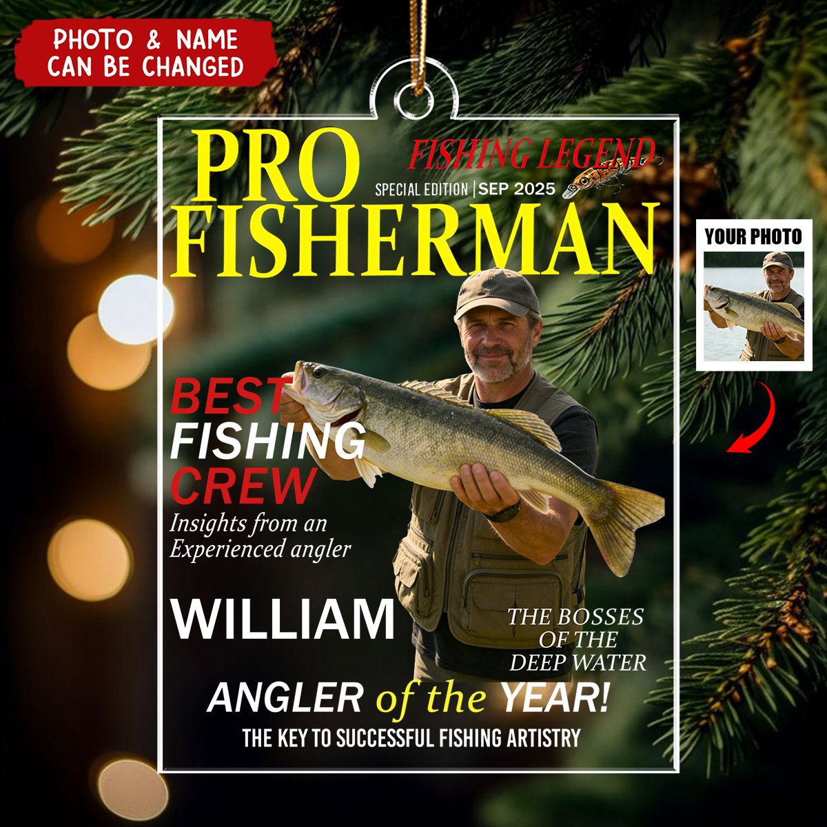 Personalized "Fisherman of the Year" Acrylic Ornament With Name & Photo & Year & Quote | Ideal Father's Day Xmas Gift For Angler Dad Husband