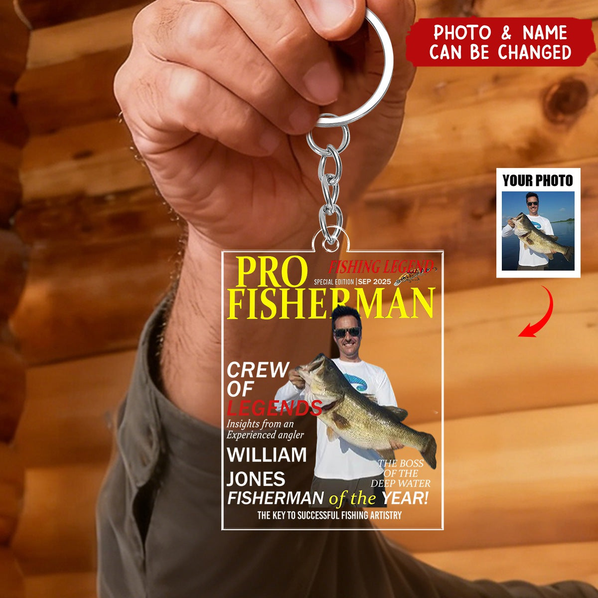 Personalized Fisherman Magazine Cover Acrylic Keychain With Photo & Name & Quote - Xmas Birthday | Father's Day Gift For Angler And Dad