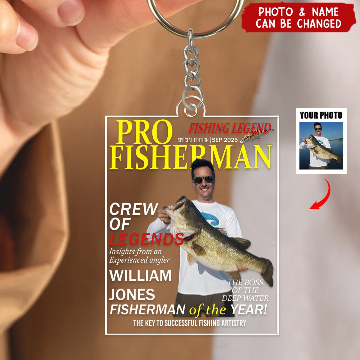 Personalized Fisherman Magazine Cover Acrylic Keychain With Photo & Name & Quote - Xmas Birthday | Father's Day Gift For Angler And Dad