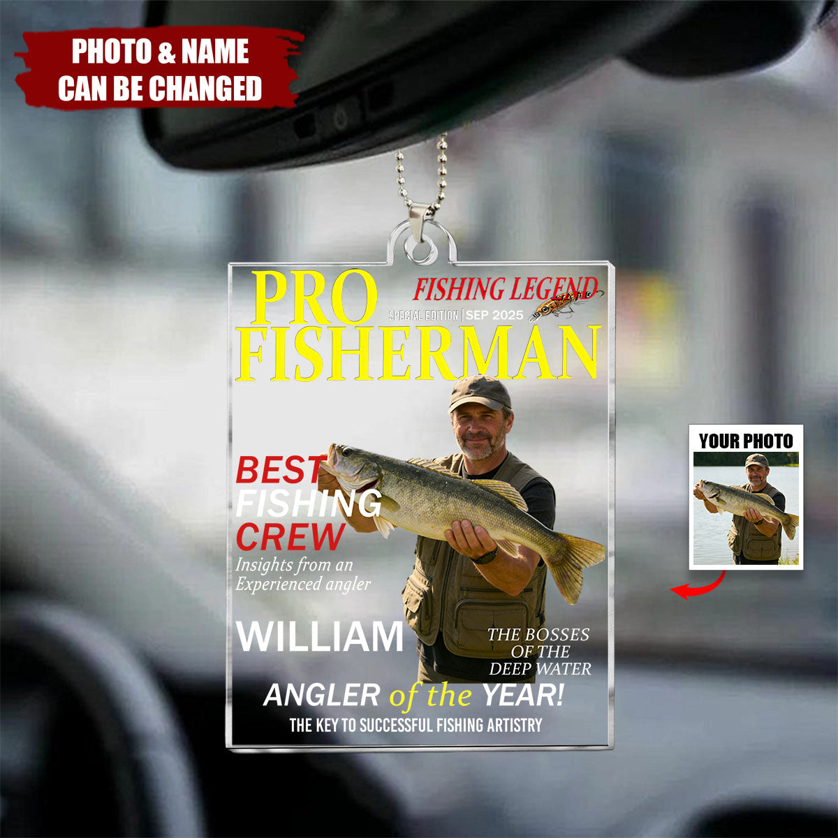 Personalized Fisherman Magazine Cover Acrylic Car Ornament With Photo & Name & Quote - Birthday | Father's Day Gift For Angler And Men