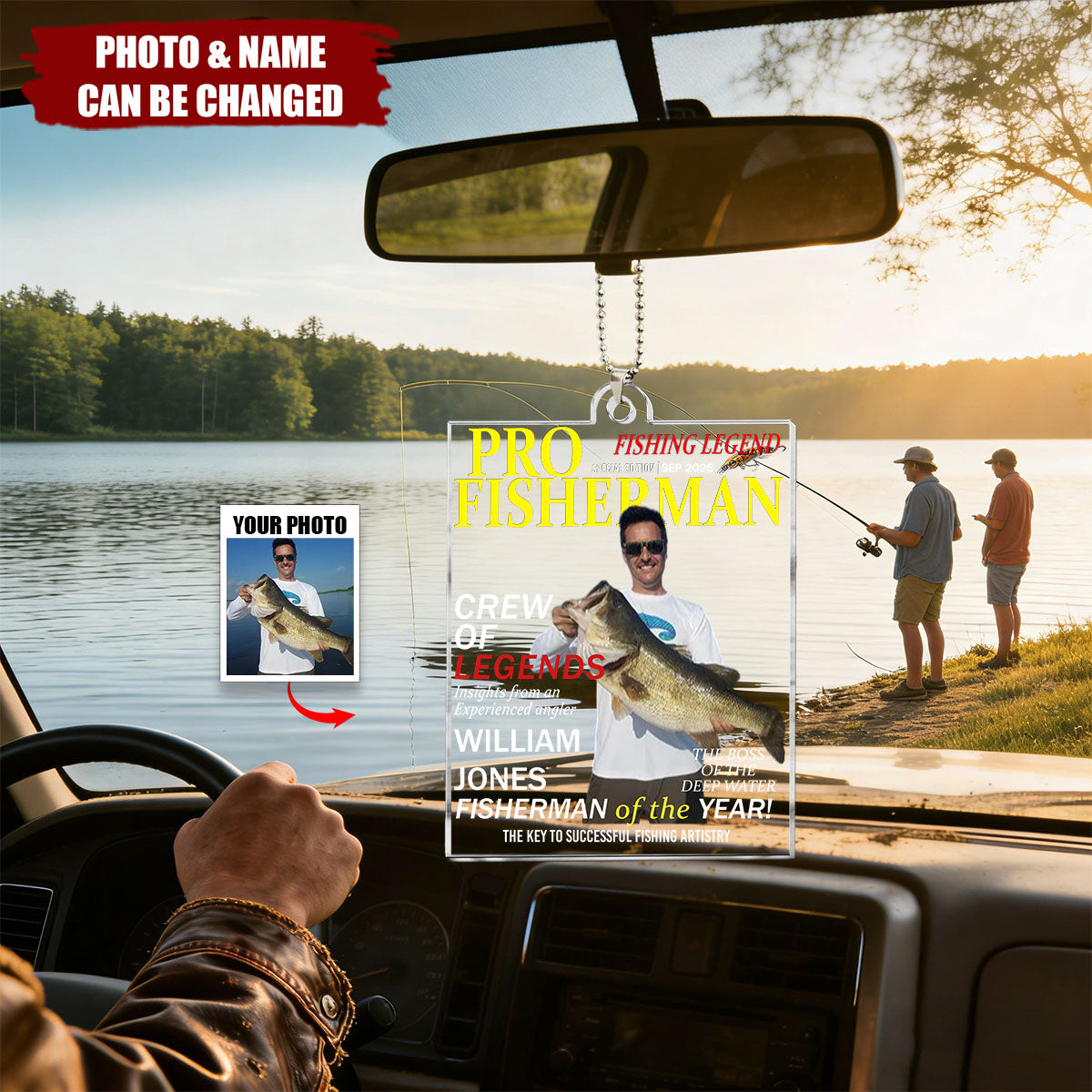 Personalized Fisherman Magazine Cover Acrylic Car Ornament With Photo & Name & Quote - Birthday | Father's Day Gift For Angler And Men