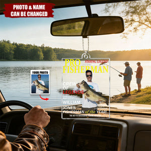 Personalized Fisherman Magazine Cover Acrylic Car Ornament With Photo & Name & Quote - Birthday | Father's Day Gift For Angler And Men