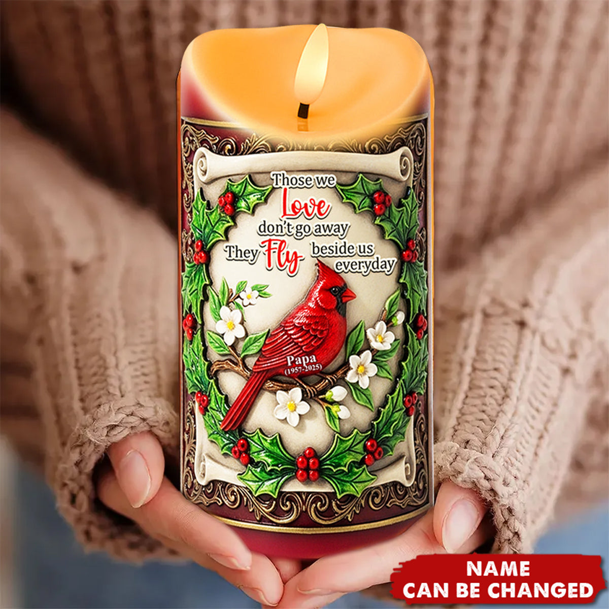 Personalized Cardinal Memorial LED Candle With Name & Year - Christmas Keepsake | In Memory Gift For Loss Of Loved One