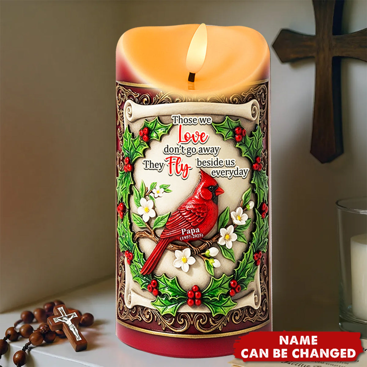 Personalized Cardinal Memorial LED Candle With Name & Year - Christmas Keepsake | In Memory Gift For Loss Of Loved One