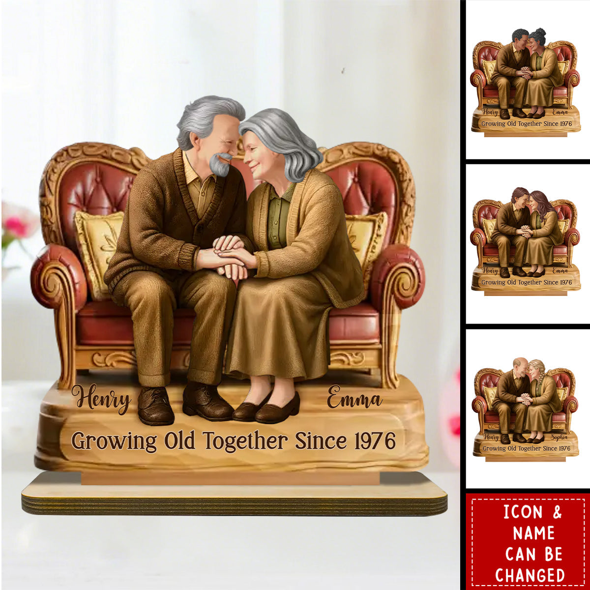 Personalized Old Couple 2-Layered Wooden With Name & Year & Icons - Wedding Keepsake Anniversary Gift For Parents & Grandparents