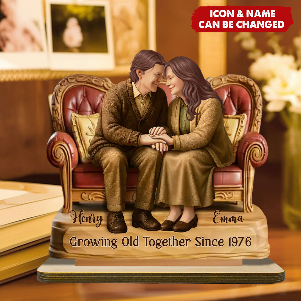 Personalized Old Couple 2-Layered Wooden With Name & Year & Icons - Wedding Keepsake Anniversary Gift For Parents & Grandparents