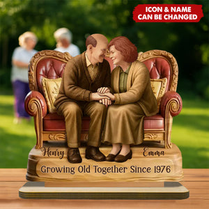 Personalized Old Couple 2-Layered Wooden With Name & Year & Icons - Wedding Keepsake Anniversary Gift For Parents & Grandparents