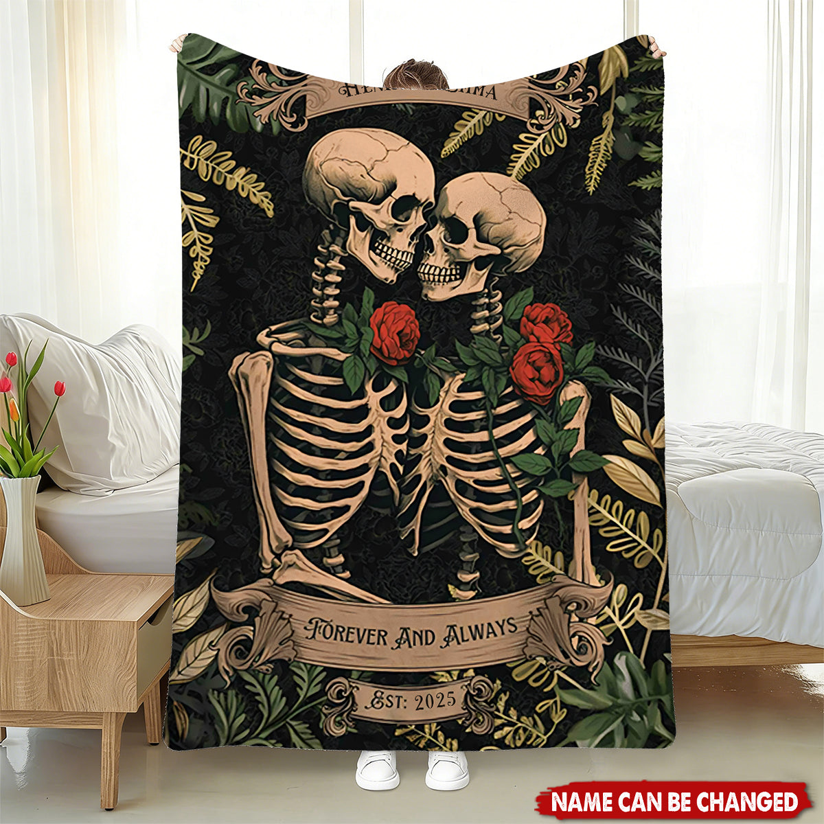 Personalized Gothic Skeleton Lovers Blanket With Names & Year | Valentine's Day Gift | Romantic Spooky Wedding Gift For Goth Couple Newlyweds