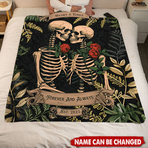 Personalized Gothic Skeleton Lovers Blanket With Names & Year | Valentine's Day Gift | Romantic Spooky Wedding Gift For Goth Couple Newlyweds