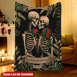 Personalized Gothic Skeleton Lovers Blanket With Names & Year | Valentine's Day Gift | Romantic Spooky Wedding Gift For Goth Couple Newlyweds