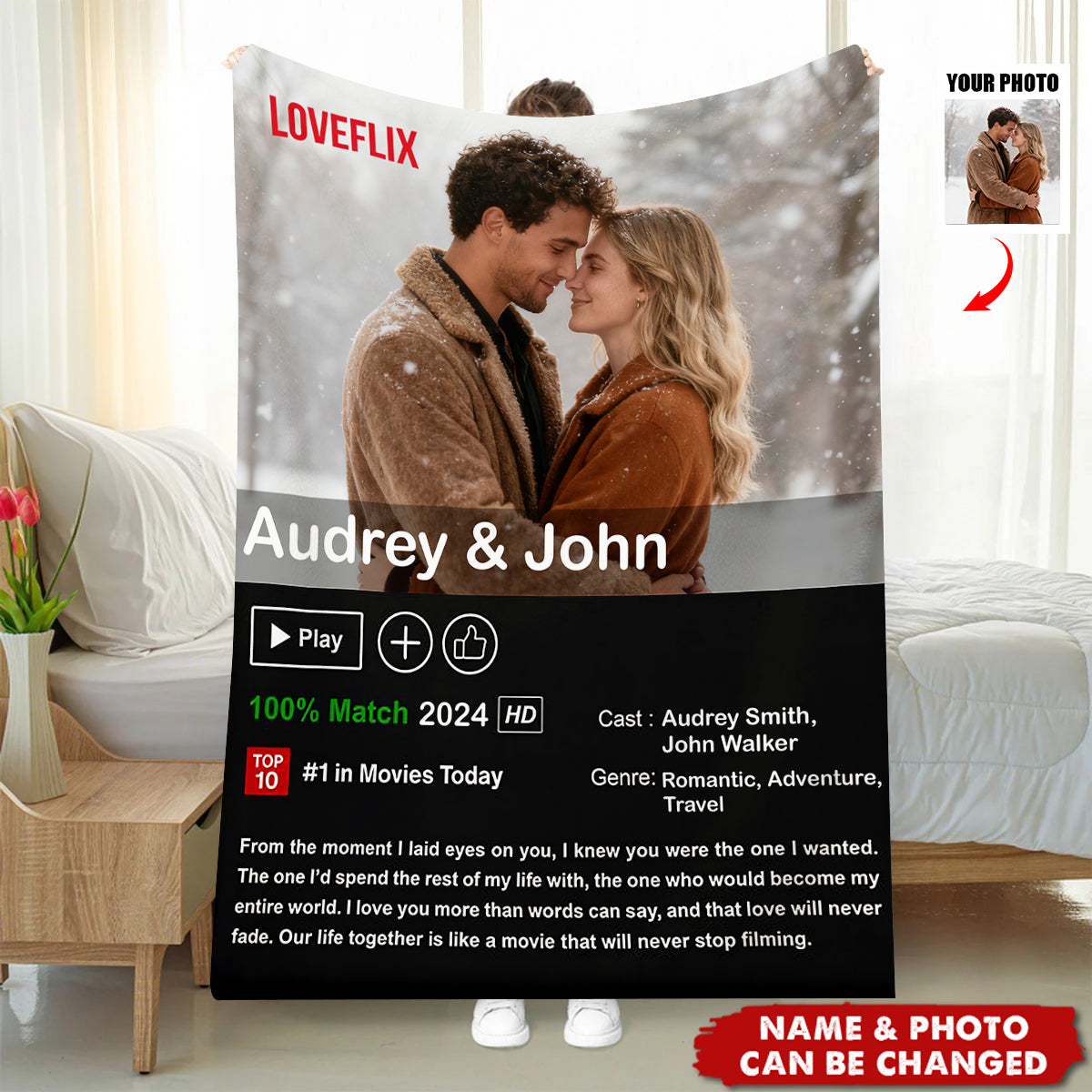 Personalized Loveflix Movie Poster Couple Blanket With Names & Year & Photo & Text | Romantic Anniversary Valentine's Day Gift For Couple